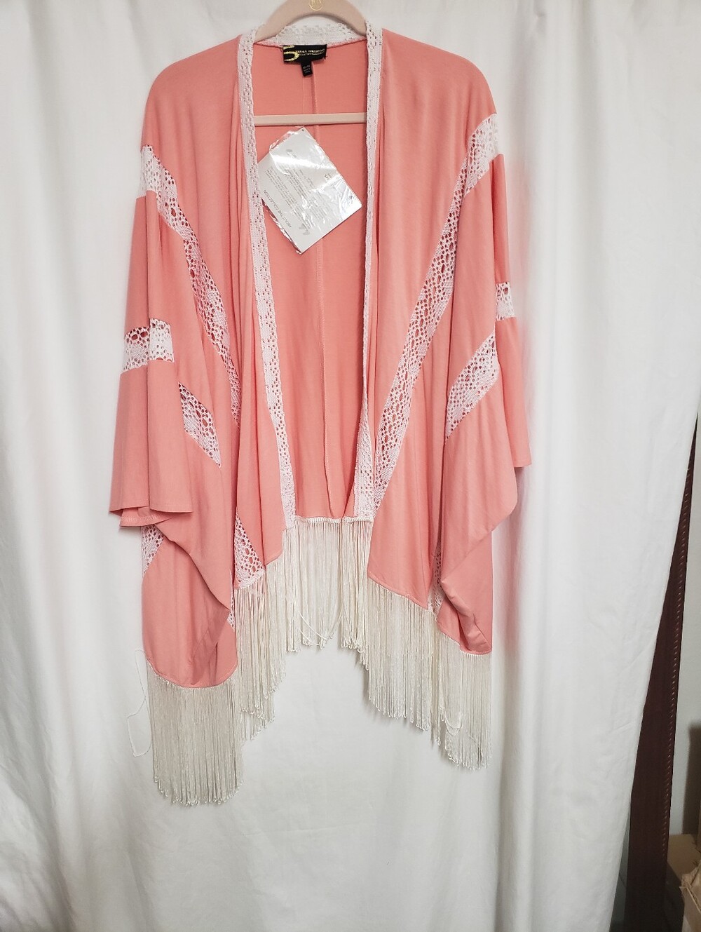 Serena Williams Coral Pink Crochet Trim Fringe Kimono